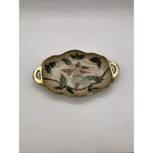 Vintage Christmas Candy Dish Cloisonne Brass w/ Enamel Design Inlay Holly Bells